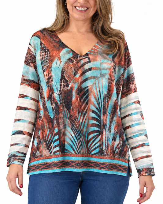 Polera BR Aline Manga Larga Cobre y Turquesa