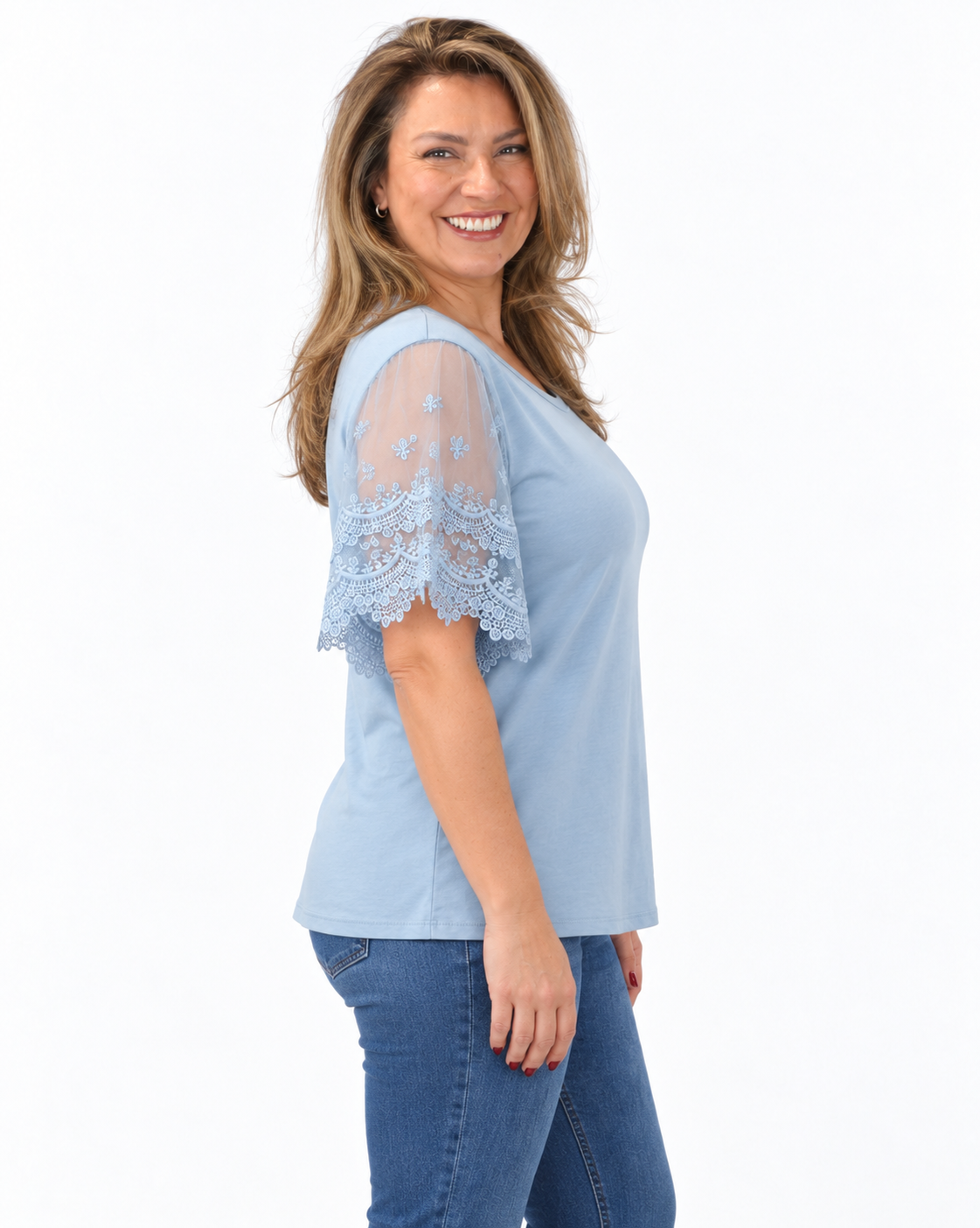Polera Mangas Encaje Tania Celeste