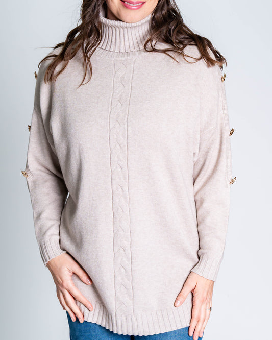 Sweater Cuello Alto Botones Beige