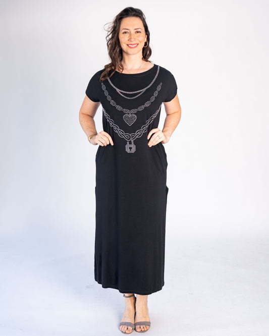Vestido BR Brillos Negro Collares