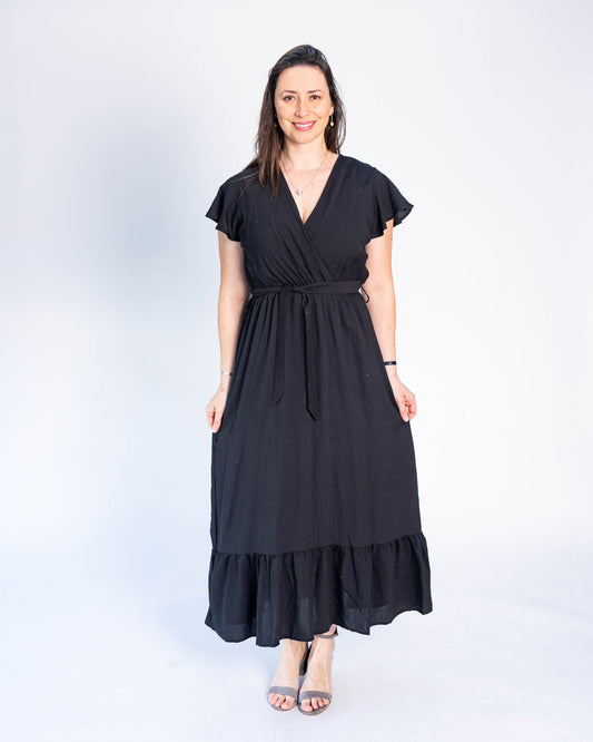 Vestido Con Mangas Brillos Negro
