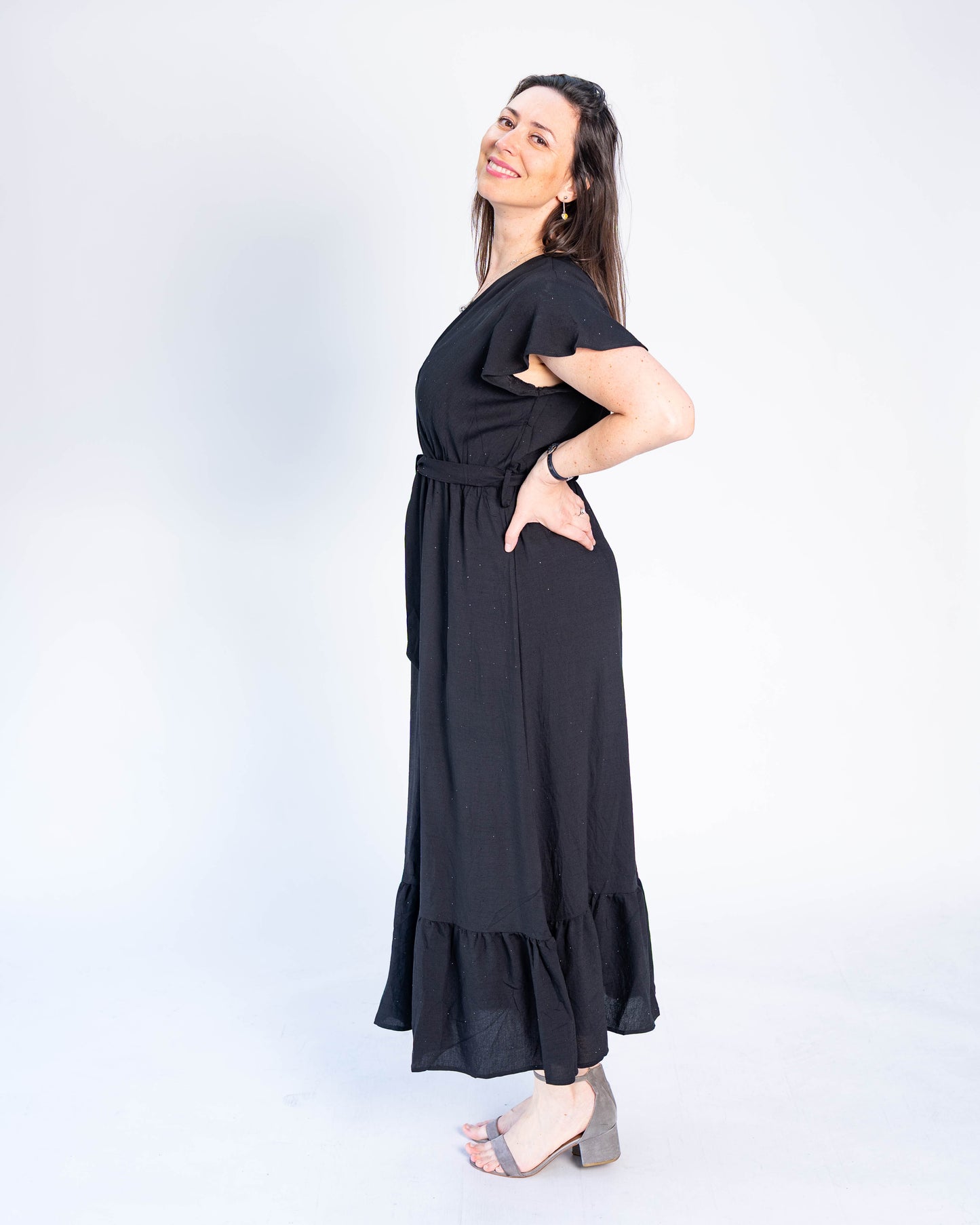 Vestido Con Mangas Brillos Negro