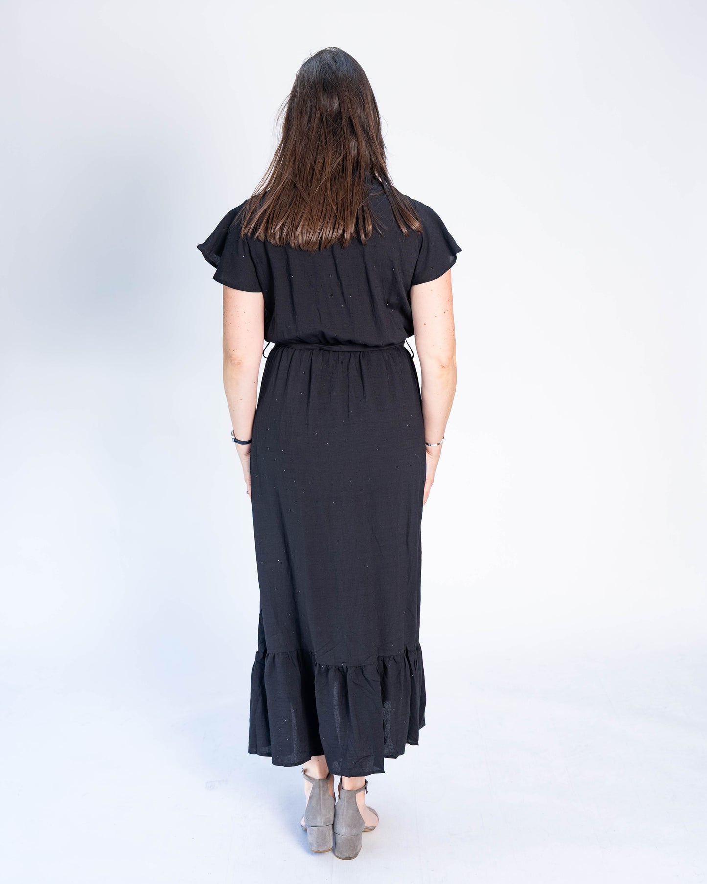 Vestido Con Mangas Brillos Negro