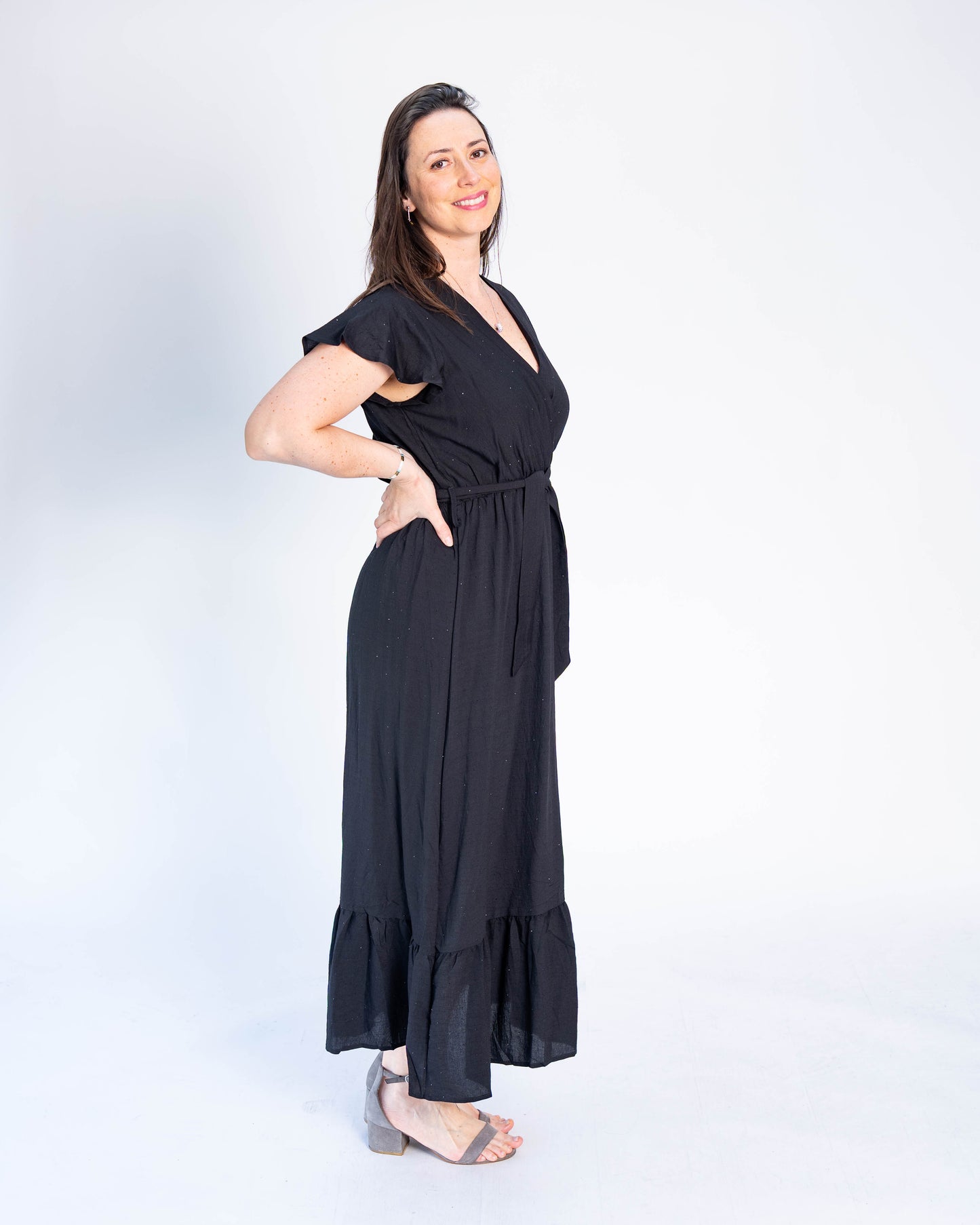 Vestido Con Mangas Brillos Negro