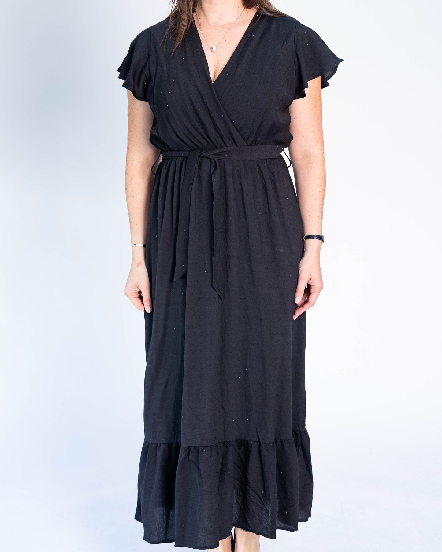 Vestido Con Mangas Brillos Negro