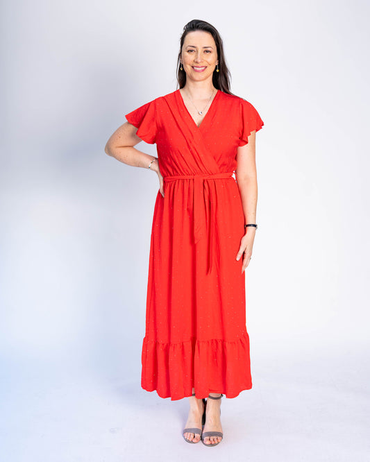 Vestido Con Mangas Brillos Rojo