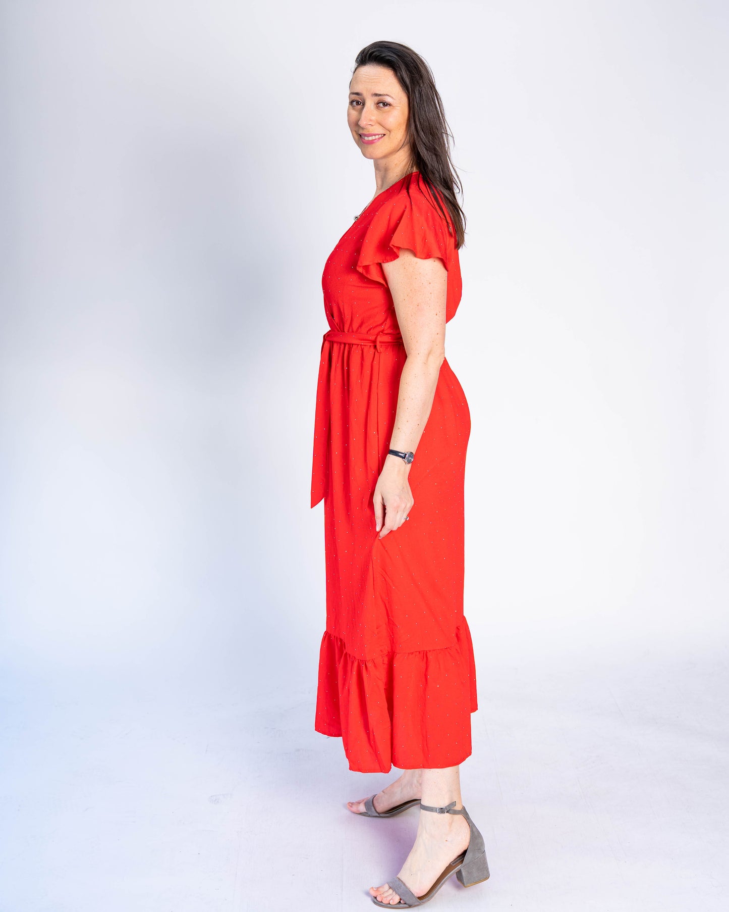 Vestido Con Mangas Brillos Rojo