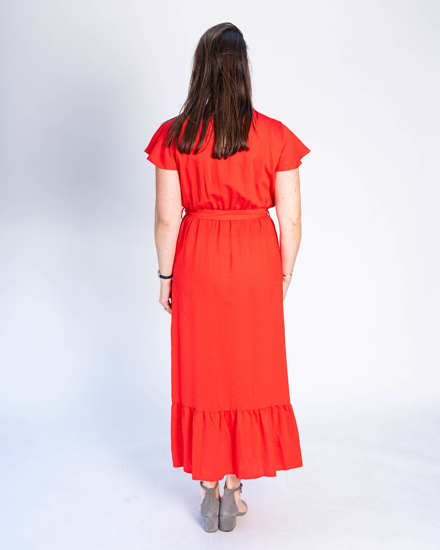 Vestido Con Mangas Brillos Rojo