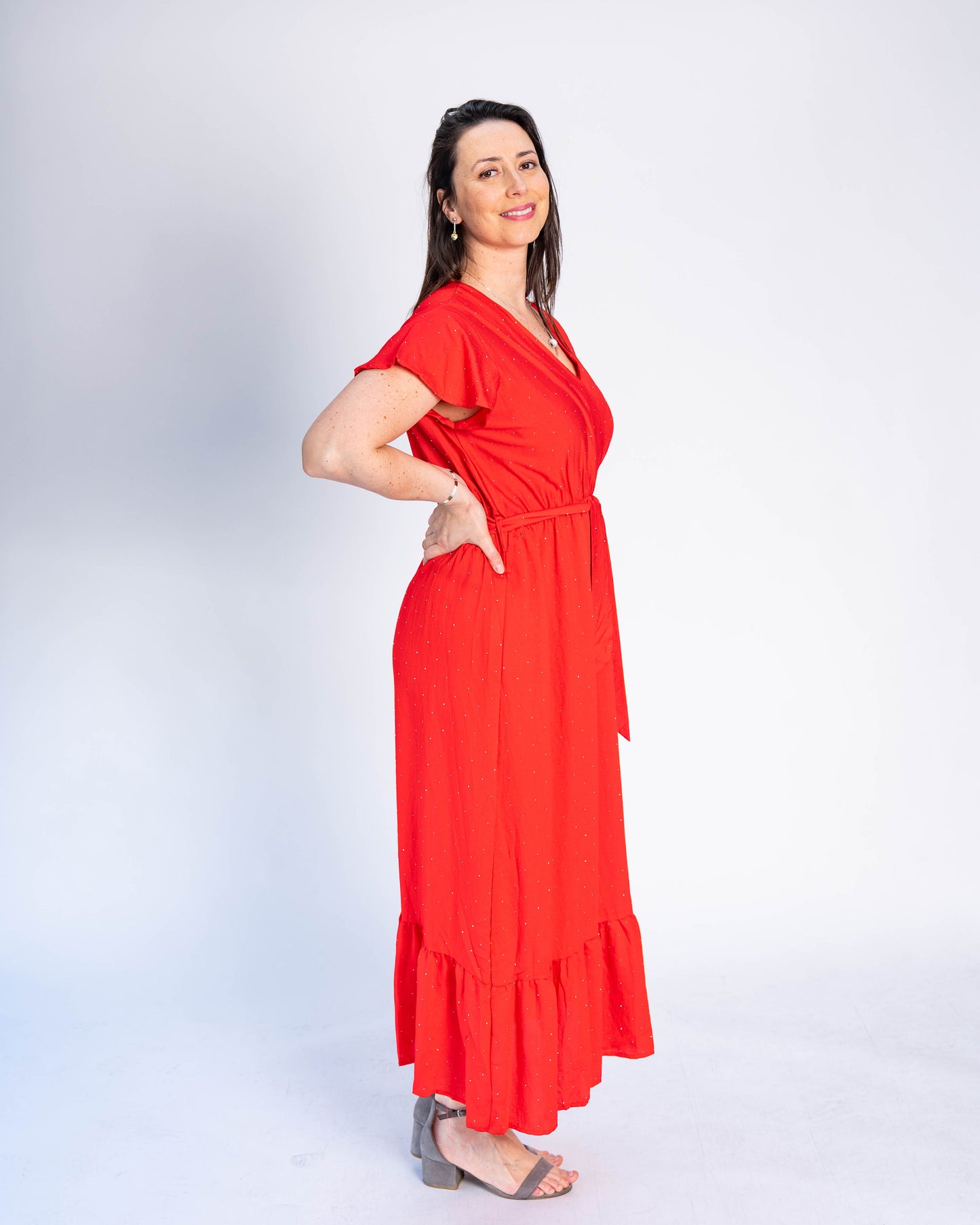 Vestido Con Mangas Brillos Rojo