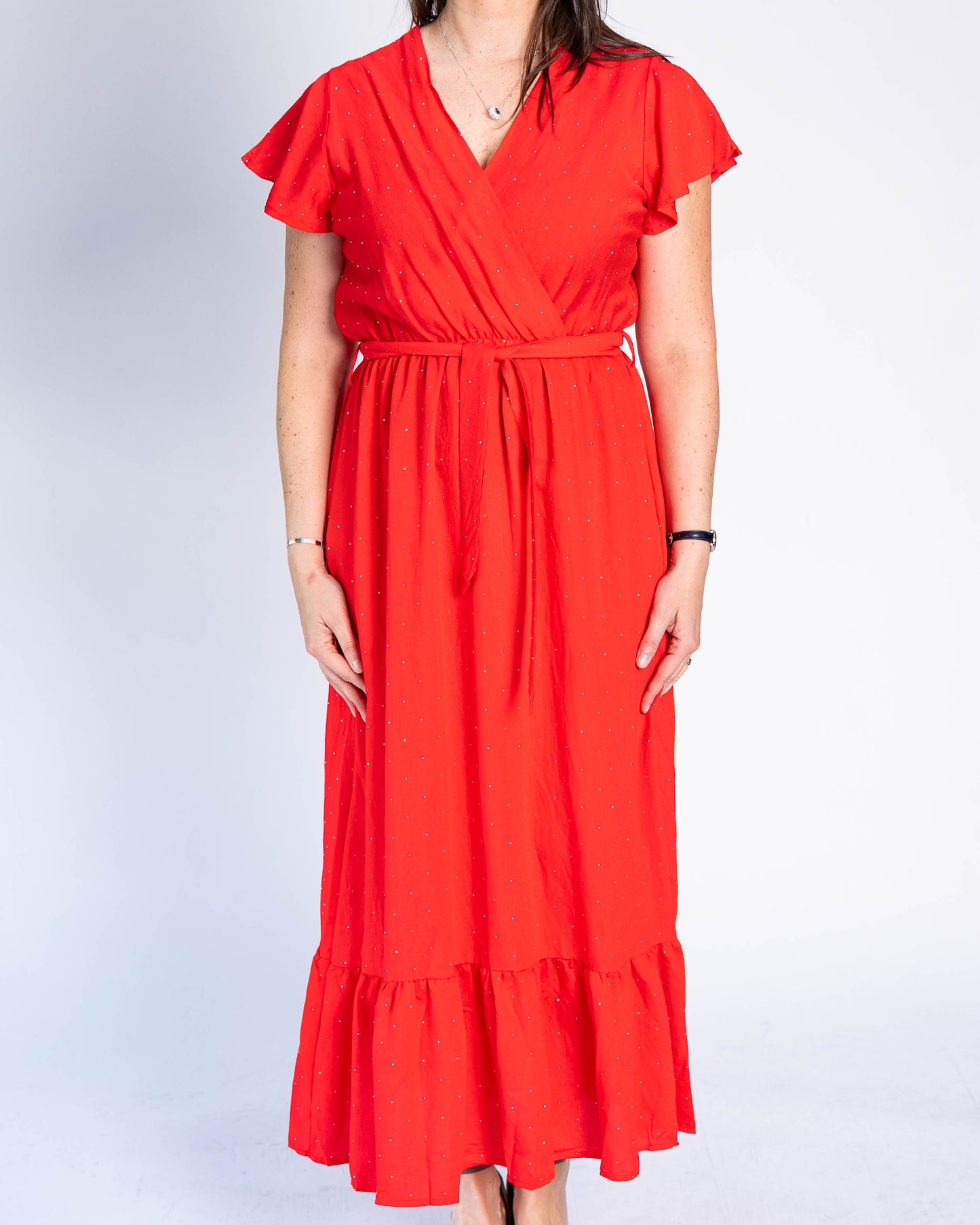 Vestido Con Mangas Brillos Rojo