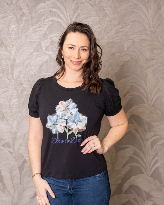 Polera Brasileña Con Brillos Flores Azul