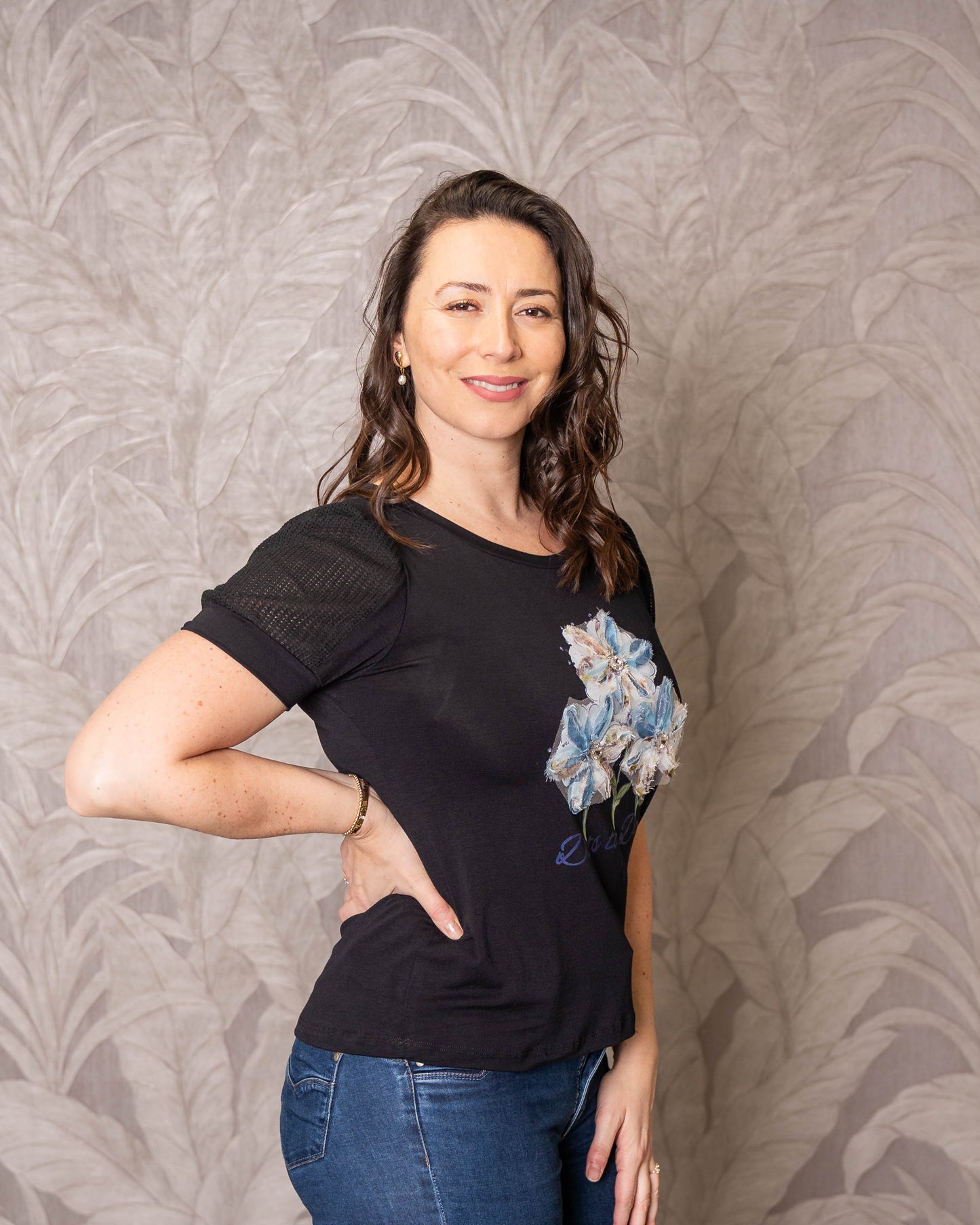 Polera Brasileña Con Brillos Flores Azul