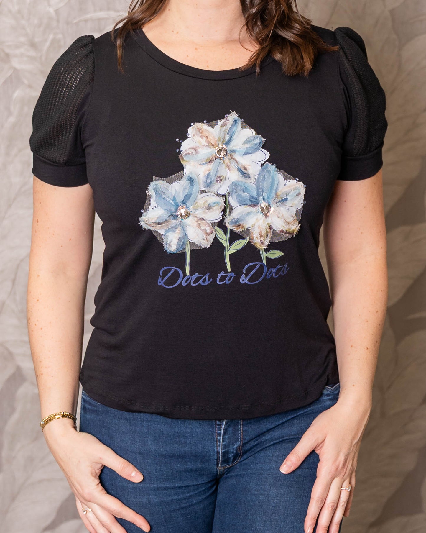 Polera Brasileña Con Brillos Flores Azul