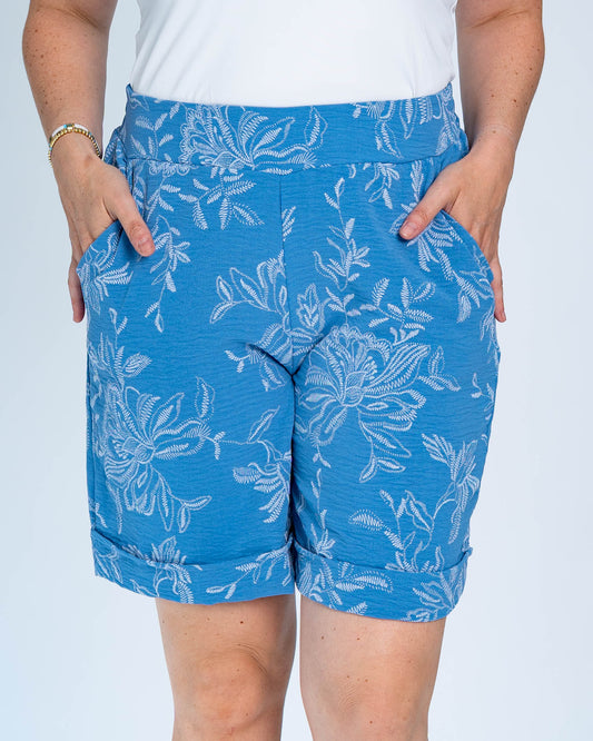 Short Flores Bordadas Celeste