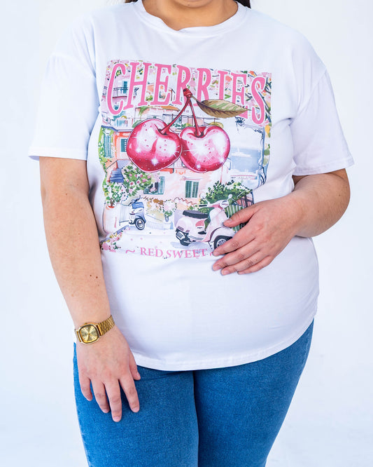 Polera Cherries Blanca