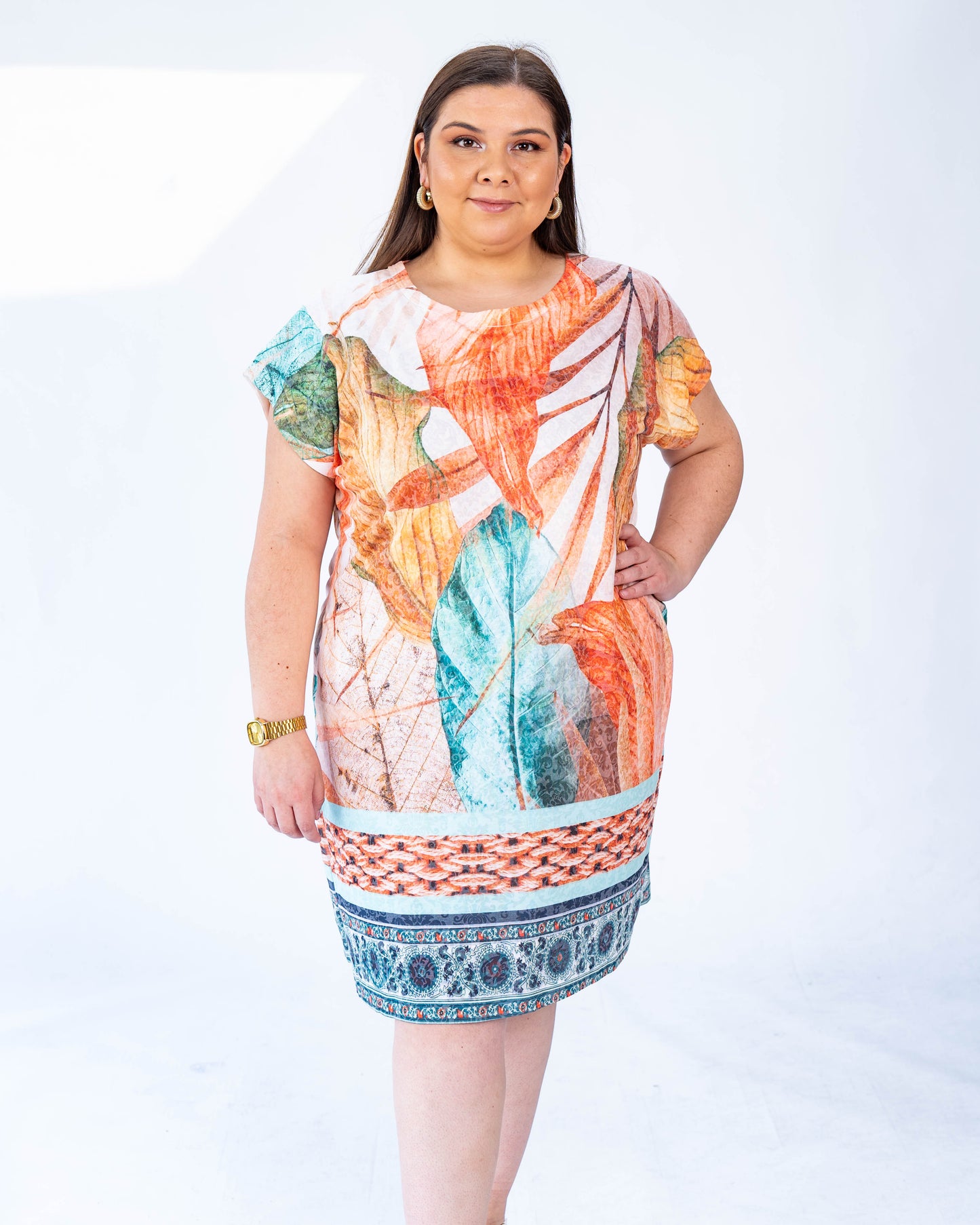 VESTIDO VALENTINA HOJAS CALIPSOS Y NARANJAS