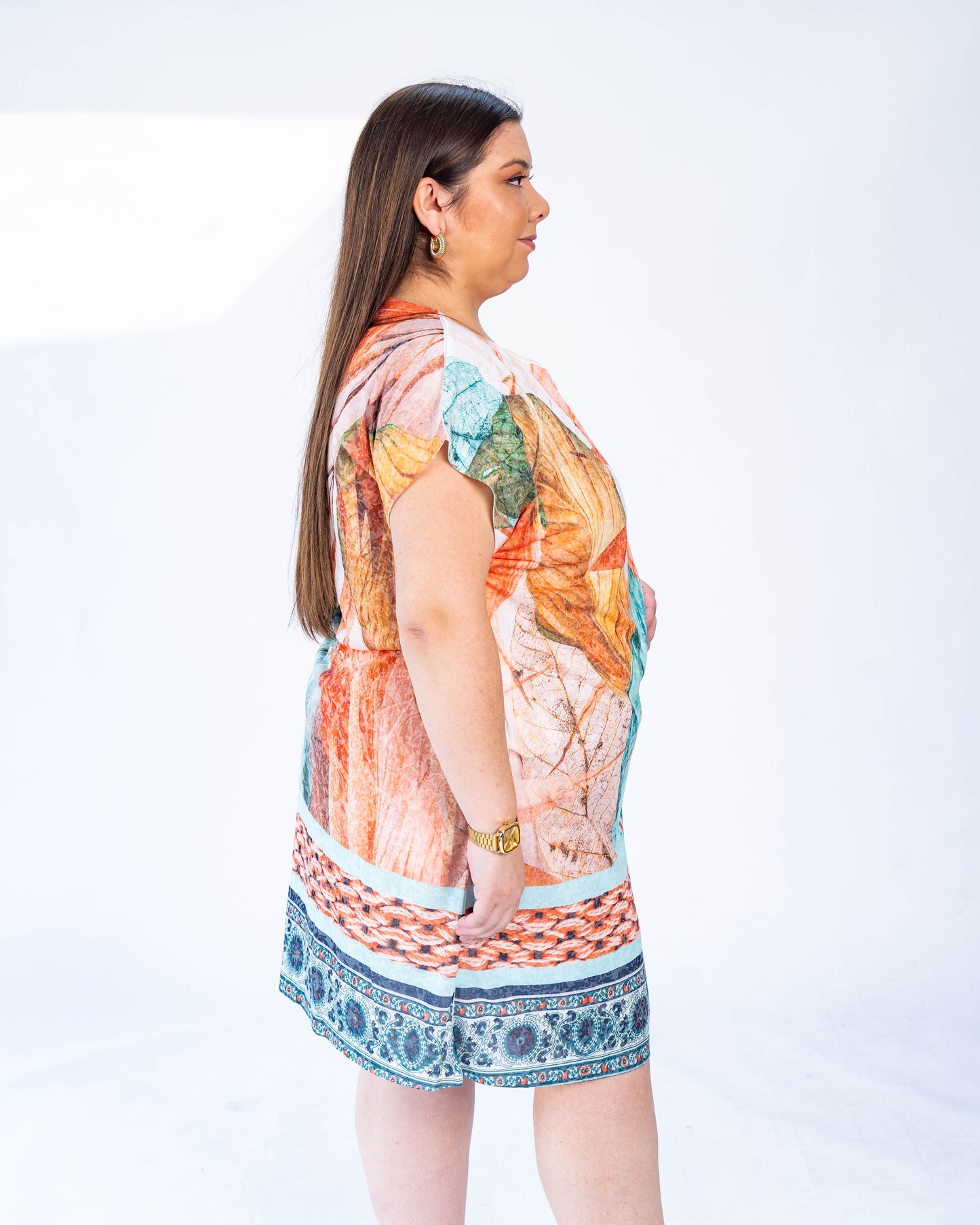 VESTIDO VALENTINA HOJAS CALIPSOS Y NARANJAS