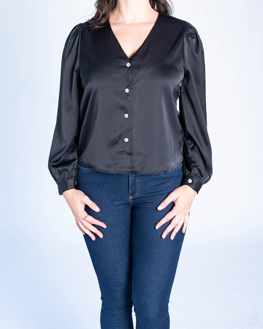 Blusa Satinada Manga Globo Negra
