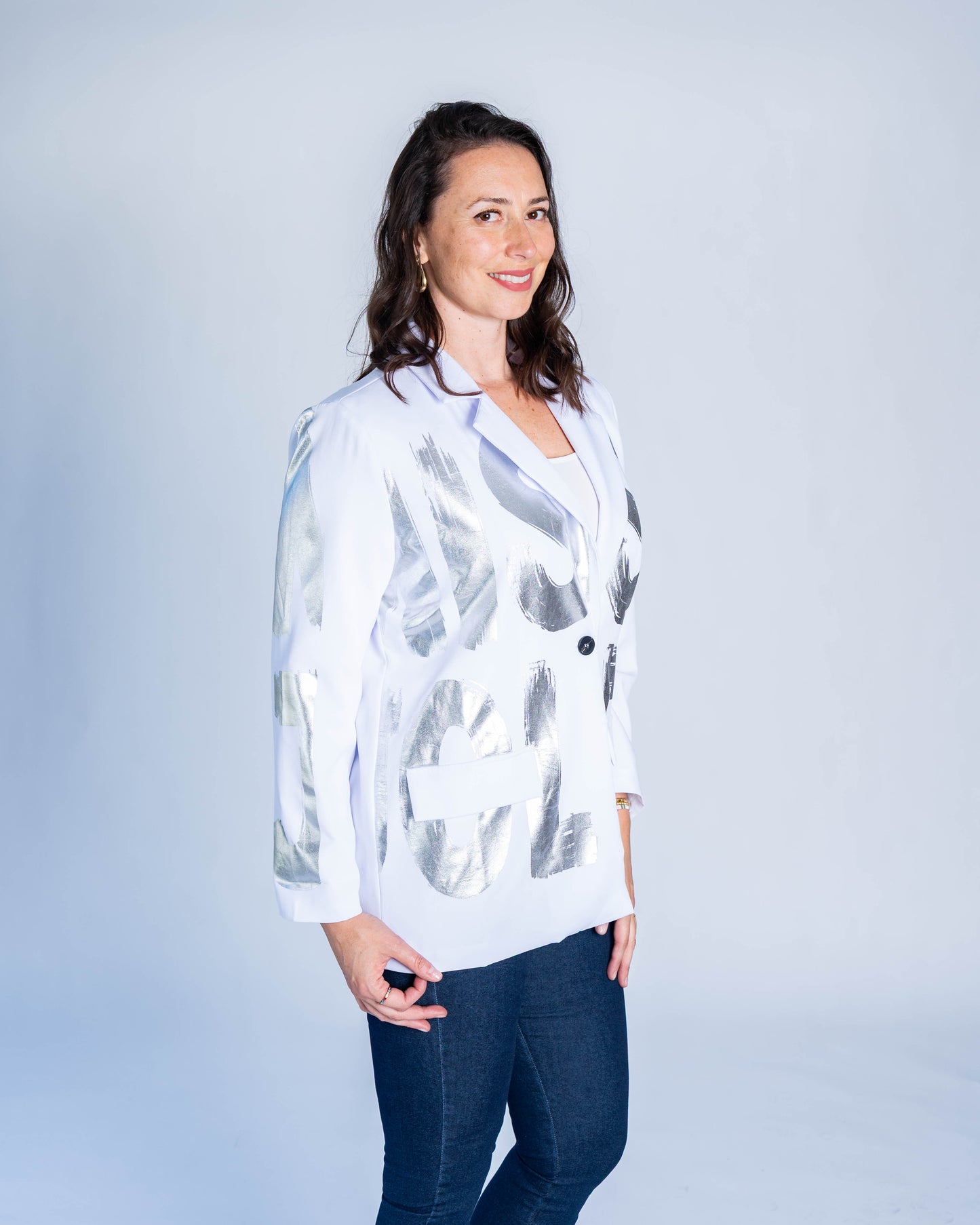 Blazer Letras Plateadas Blanco