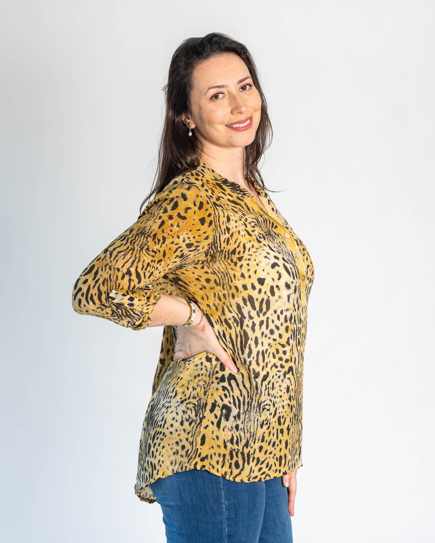 Blusa Italiana Evelyn Print Mostaza