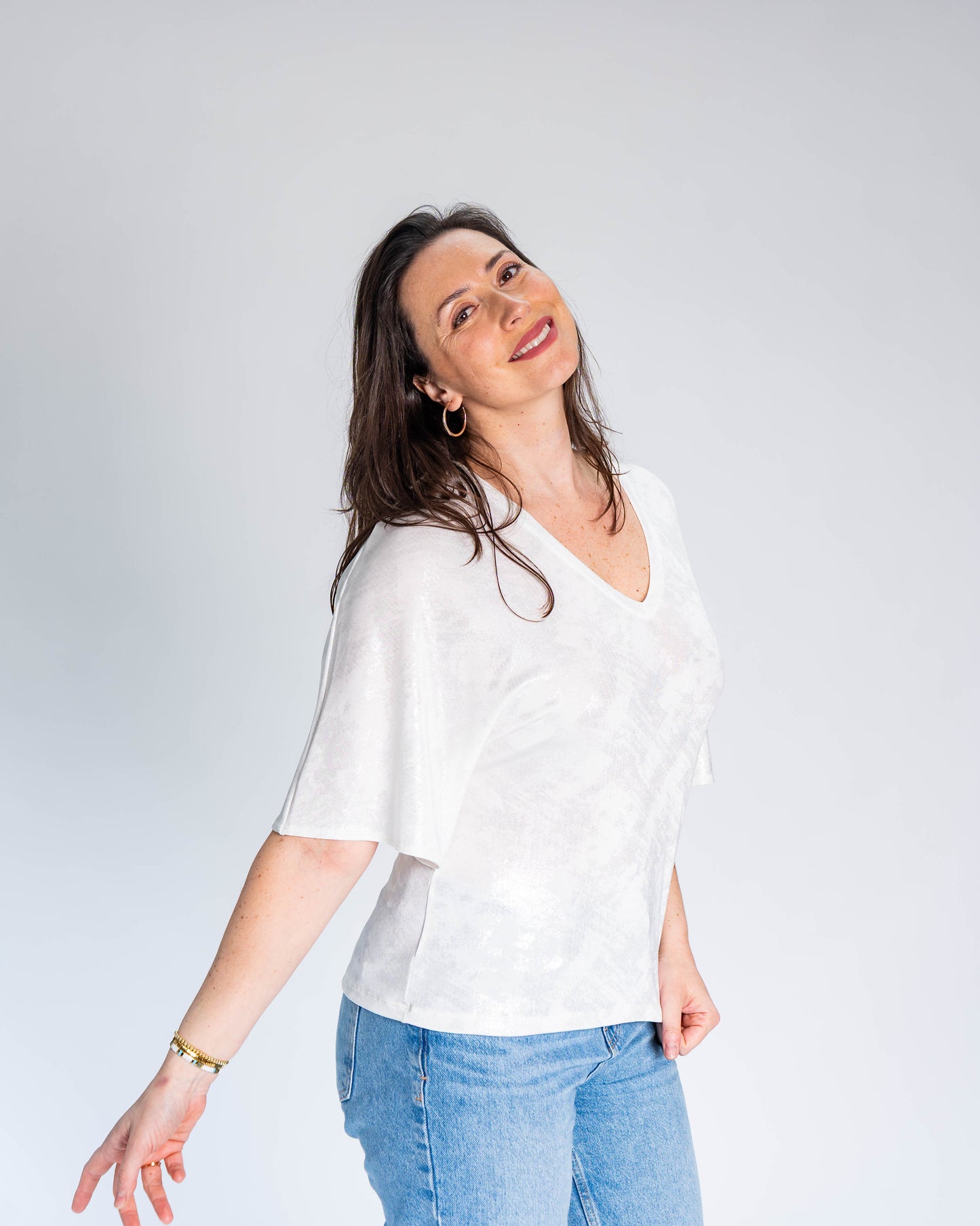 Polera Isabel Manga Murcielago Blanco - Plateado