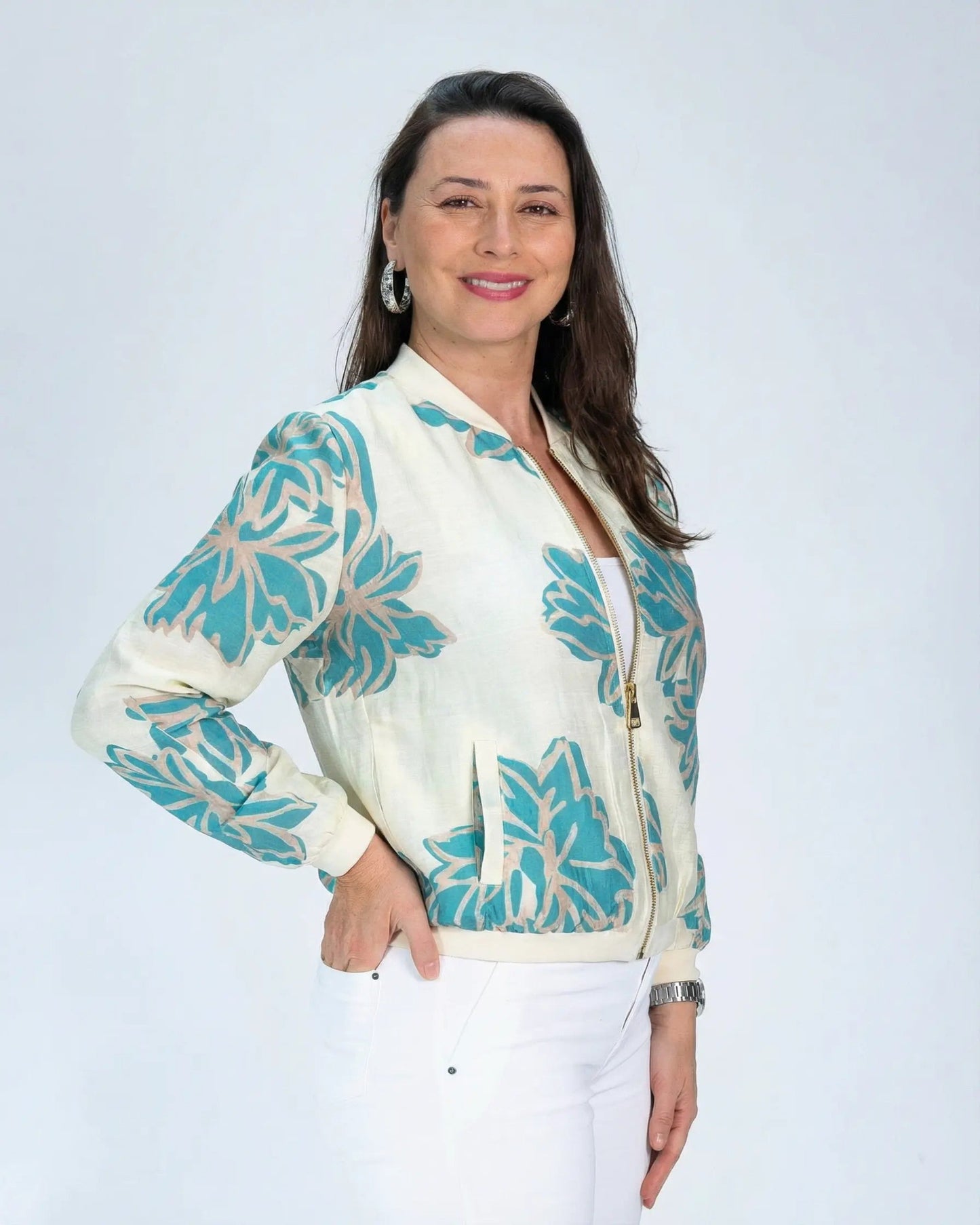 Bomber Símil Lino Sofy Crema/Turquesa