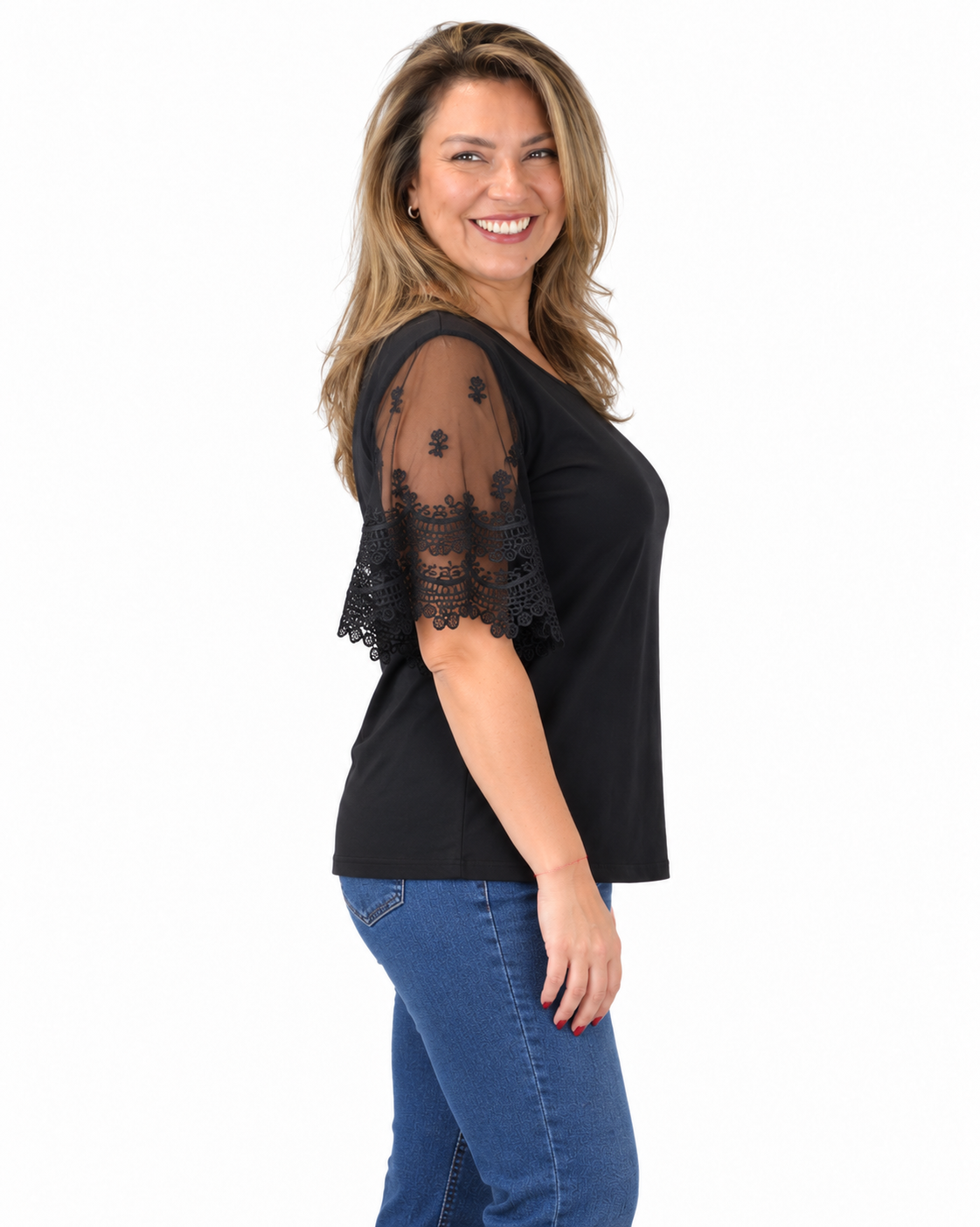 Polera Mangas Encaje Tania Negro
