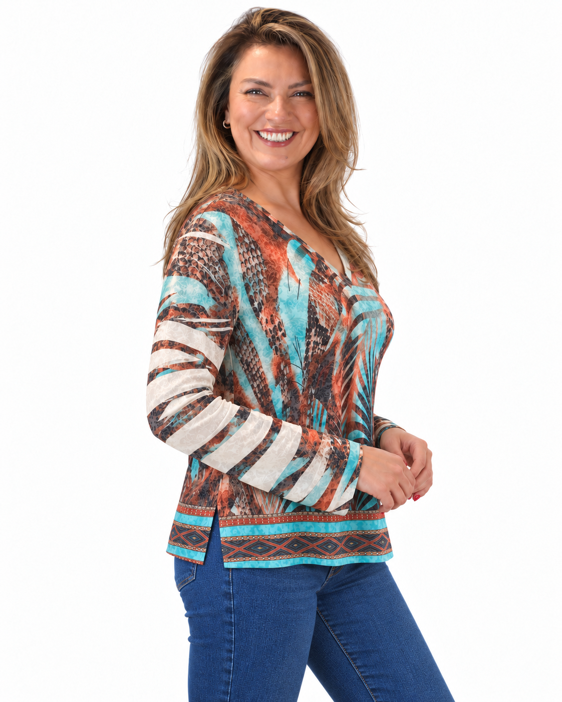 Polera BR Aline Manga Larga Cobre y Turquesa