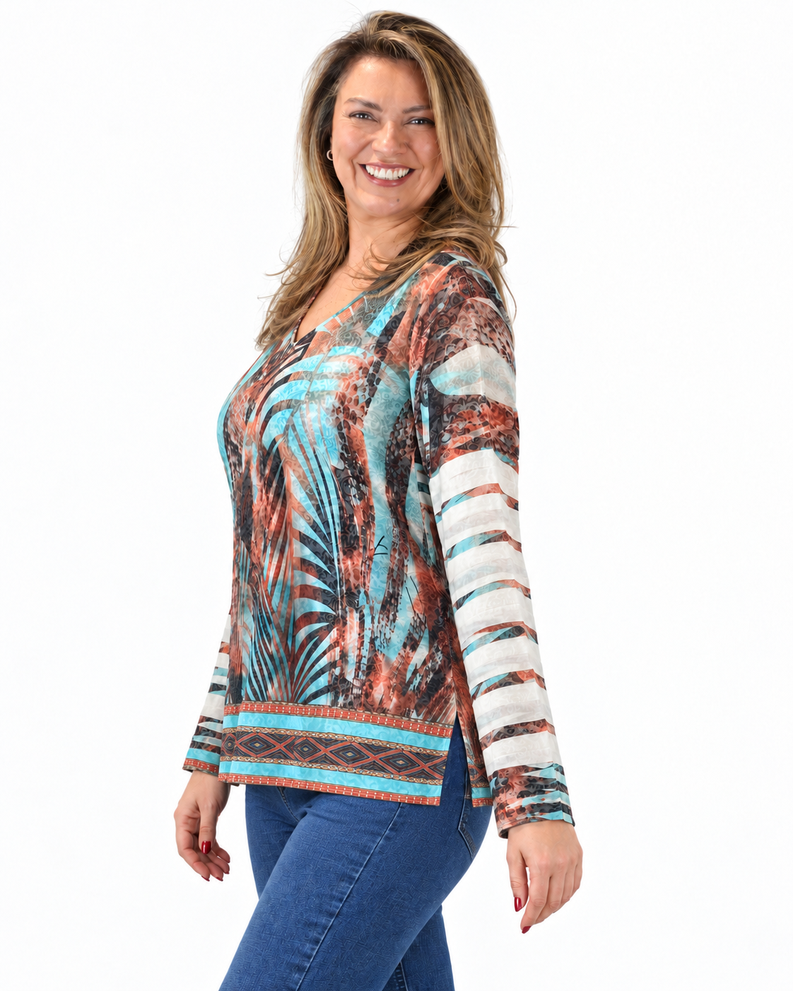Polera BR Aline Manga Larga Cobre y Turquesa