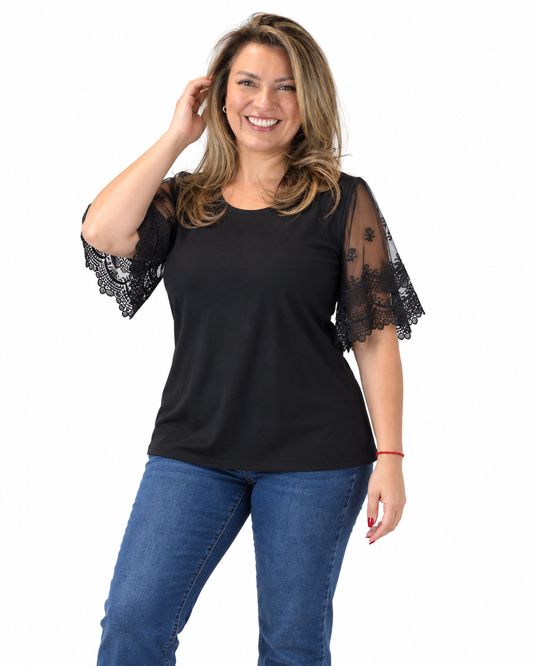 Polera Mangas Encaje Tania Negro