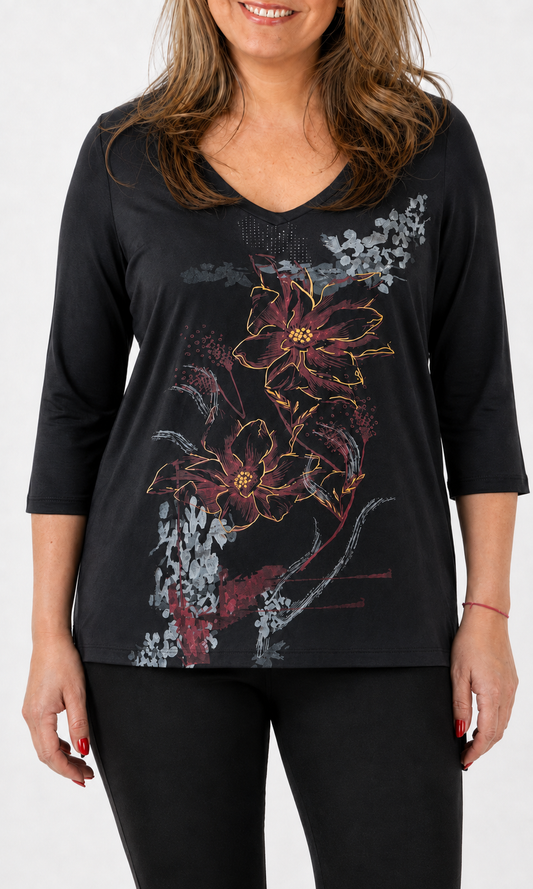 Polera Renata Flor Negro