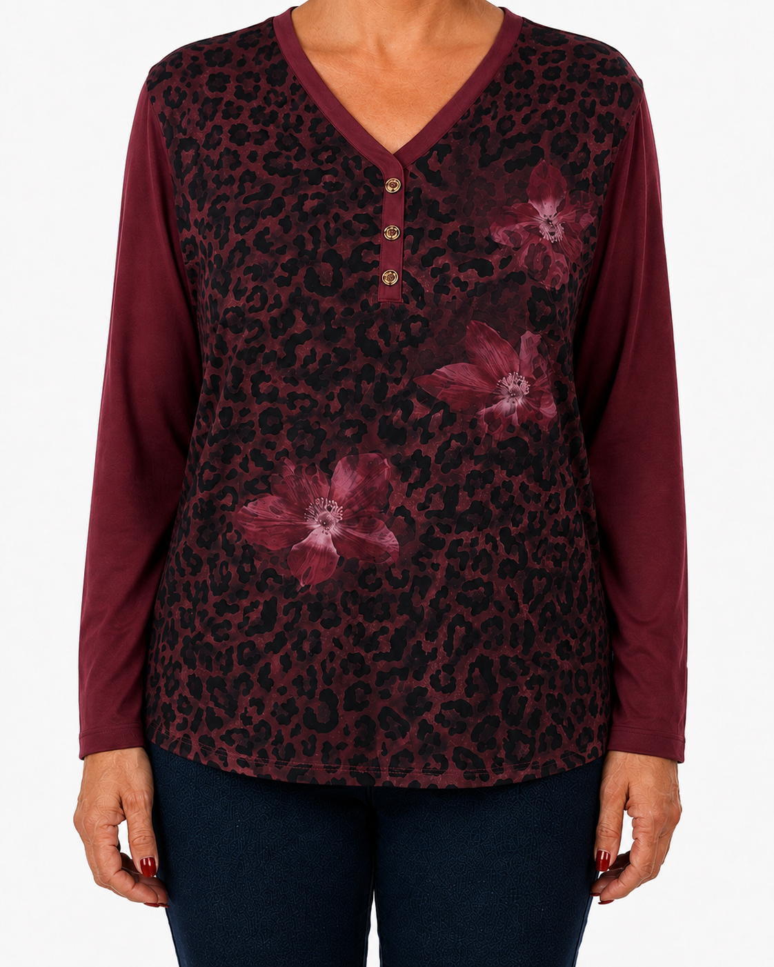 Polera Print Flores Burdeo