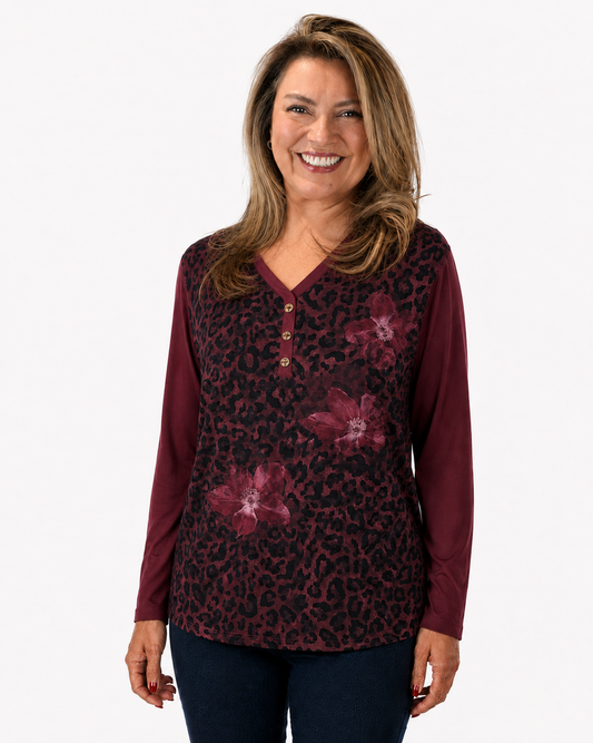 Polera Print Flores Burdeo