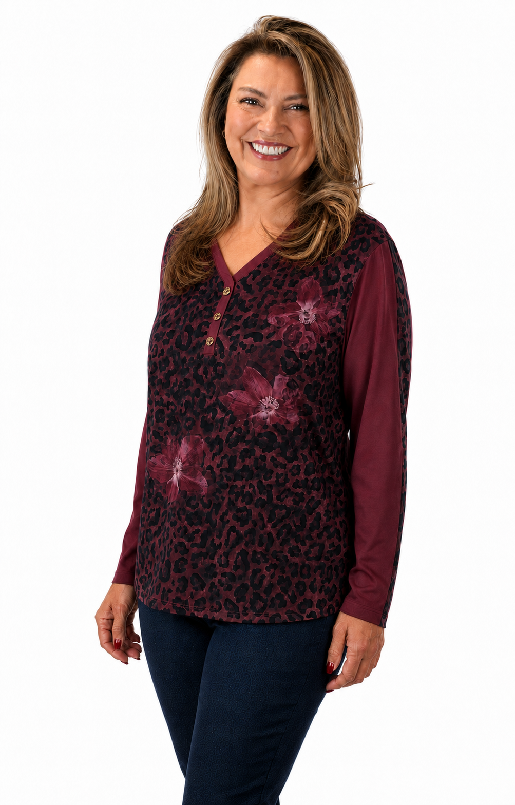 Polera Print Flores Burdeo