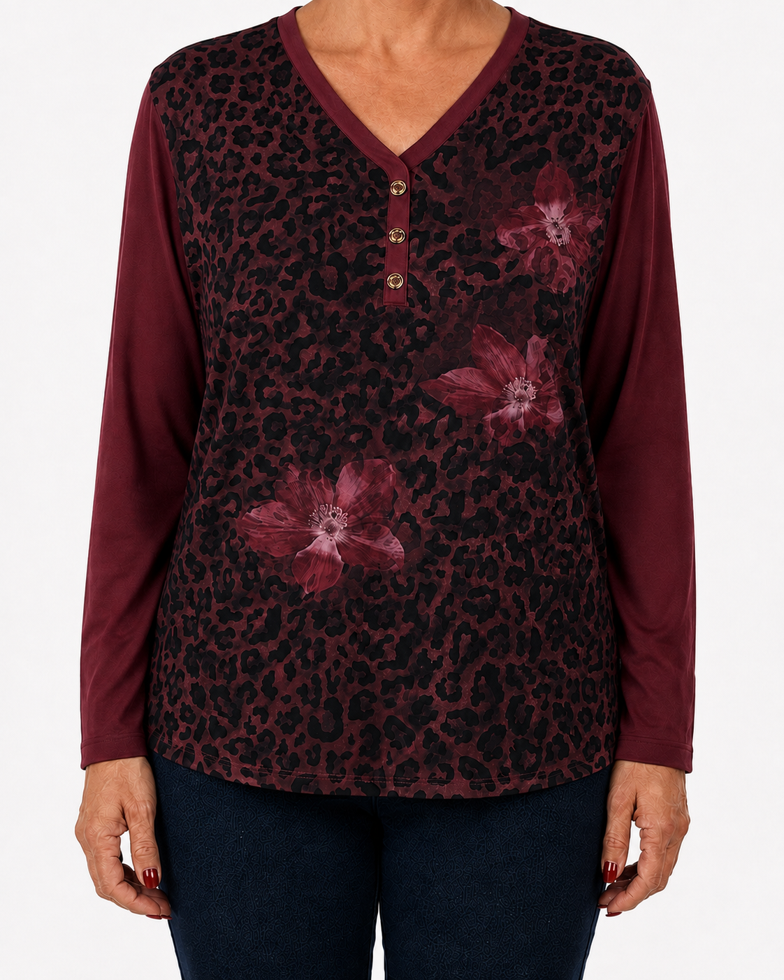 Polera Print Flores Burdeo