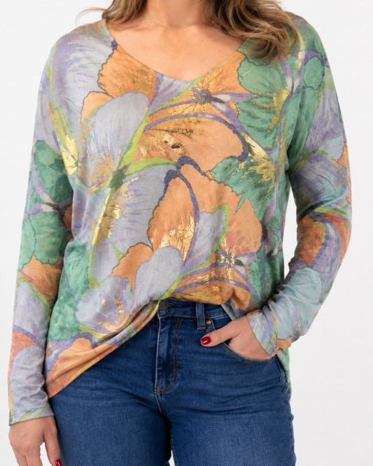Sweater Rocío Flores Verde Naranjo