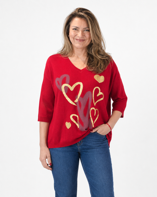 Polera Tejida Corazones Roja