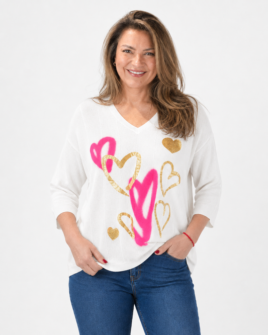 Polera Tejida Corazones Blanco