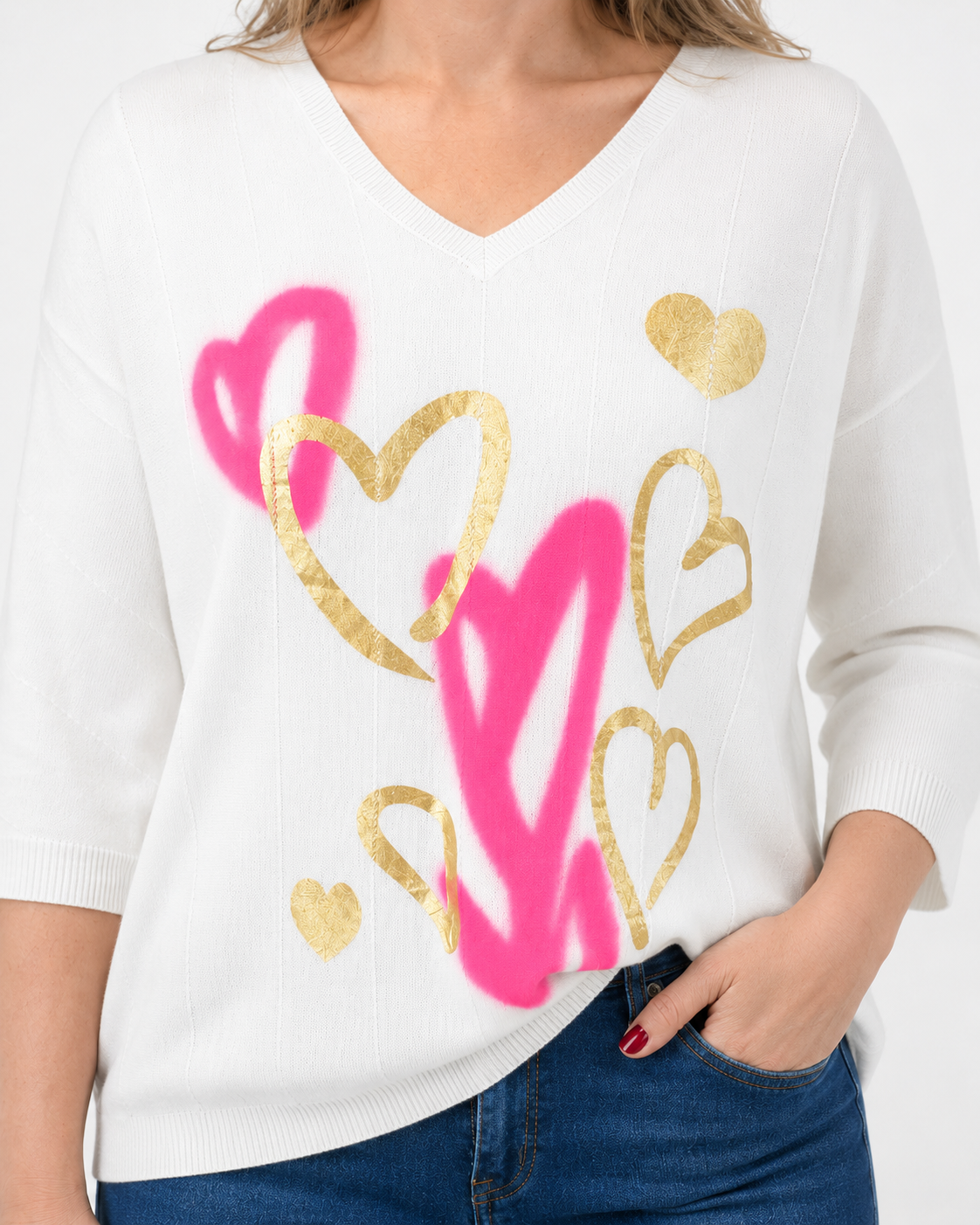 Polera Tejida Corazones Blanco