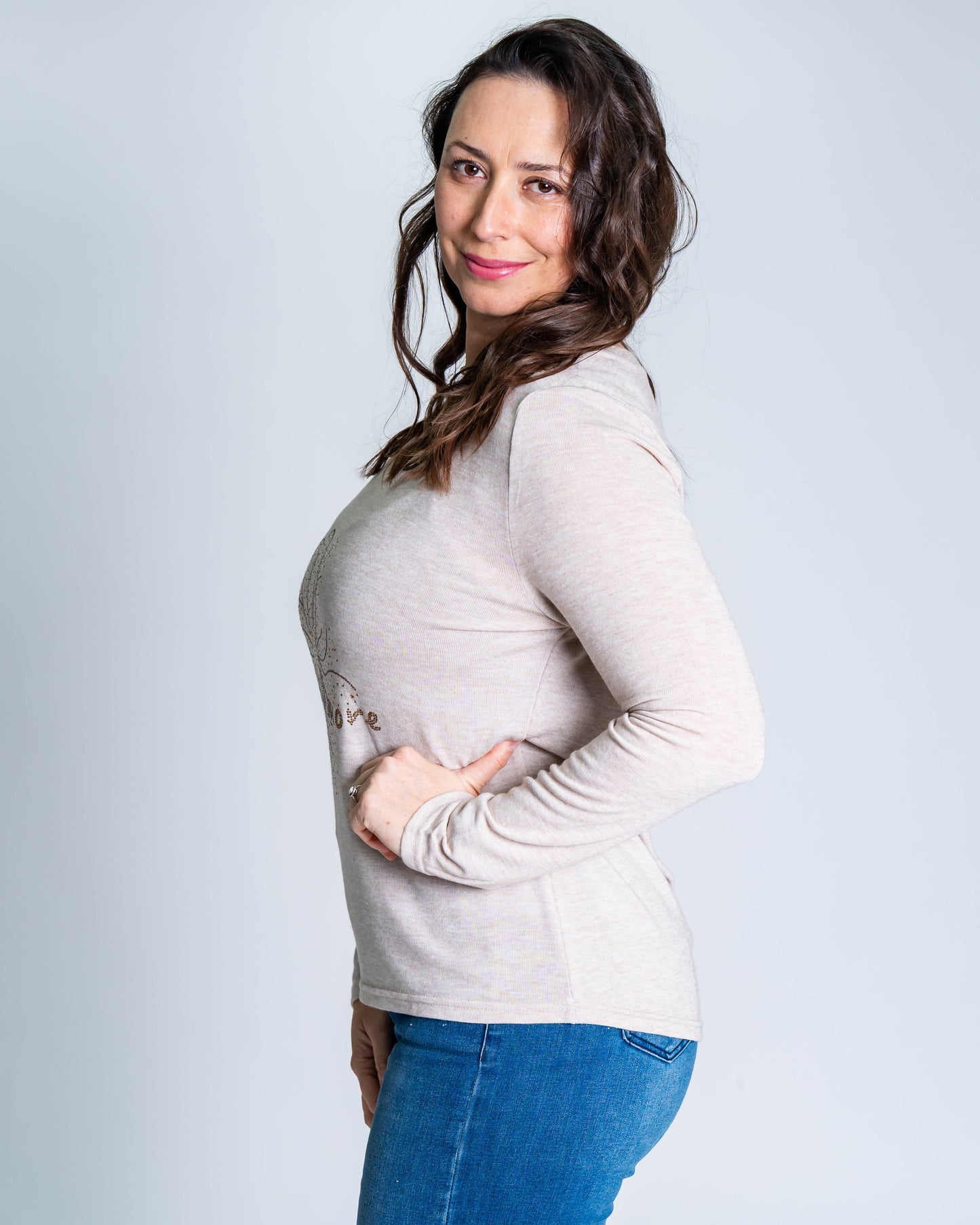 Polera Hilo Flor Dorada Beige