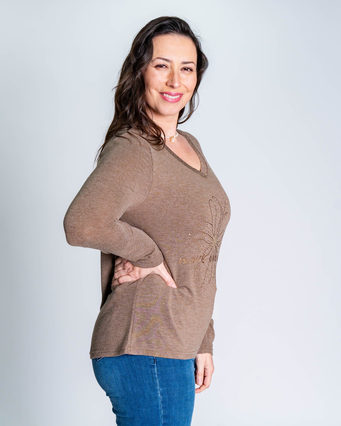 Polera Hilo Flor Dorada Café