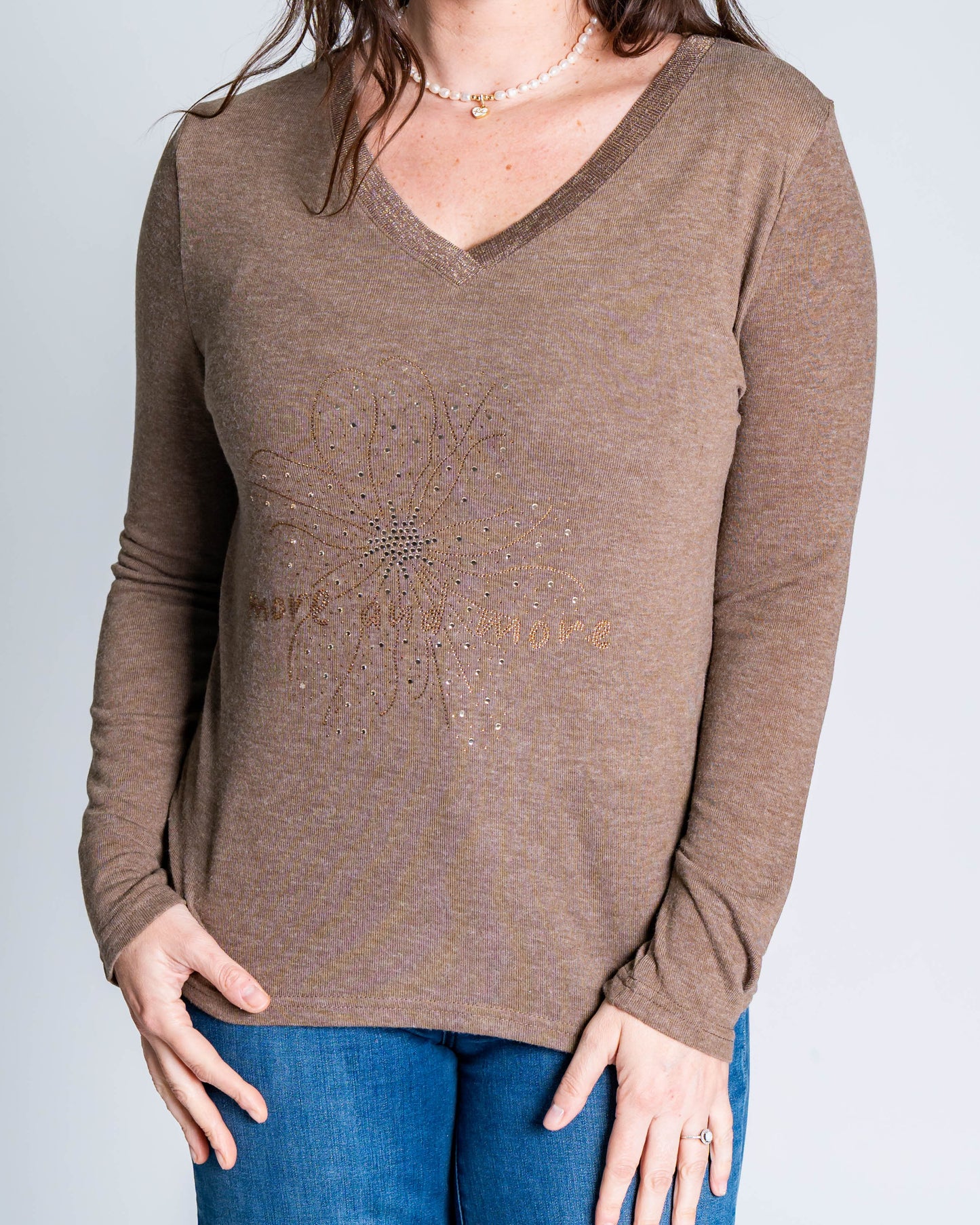 Polera Hilo Flor Dorada Café