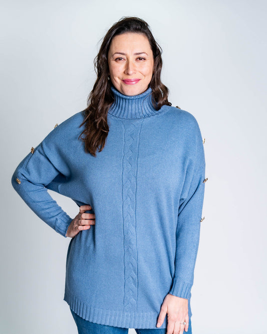 Sweater Cuello Alto Botones Celeste