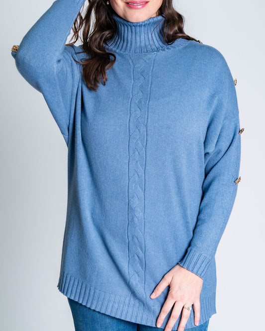 Sweater Cuello Alto Botones Celeste