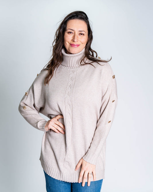 Sweater Cuello Alto Botones Beige