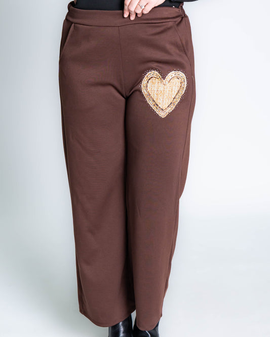 Pantalón Buzo Corazón Brillos Café