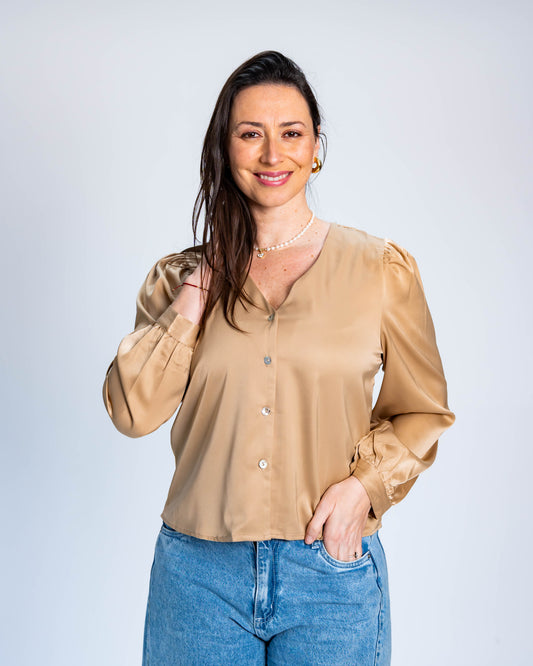 Blusa Satinada Manga Globo Beige