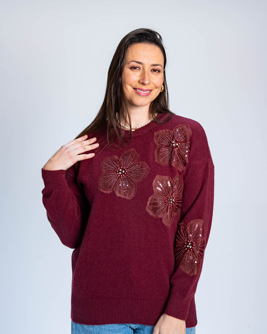 Sweater Flor Mostacilla Burdeo