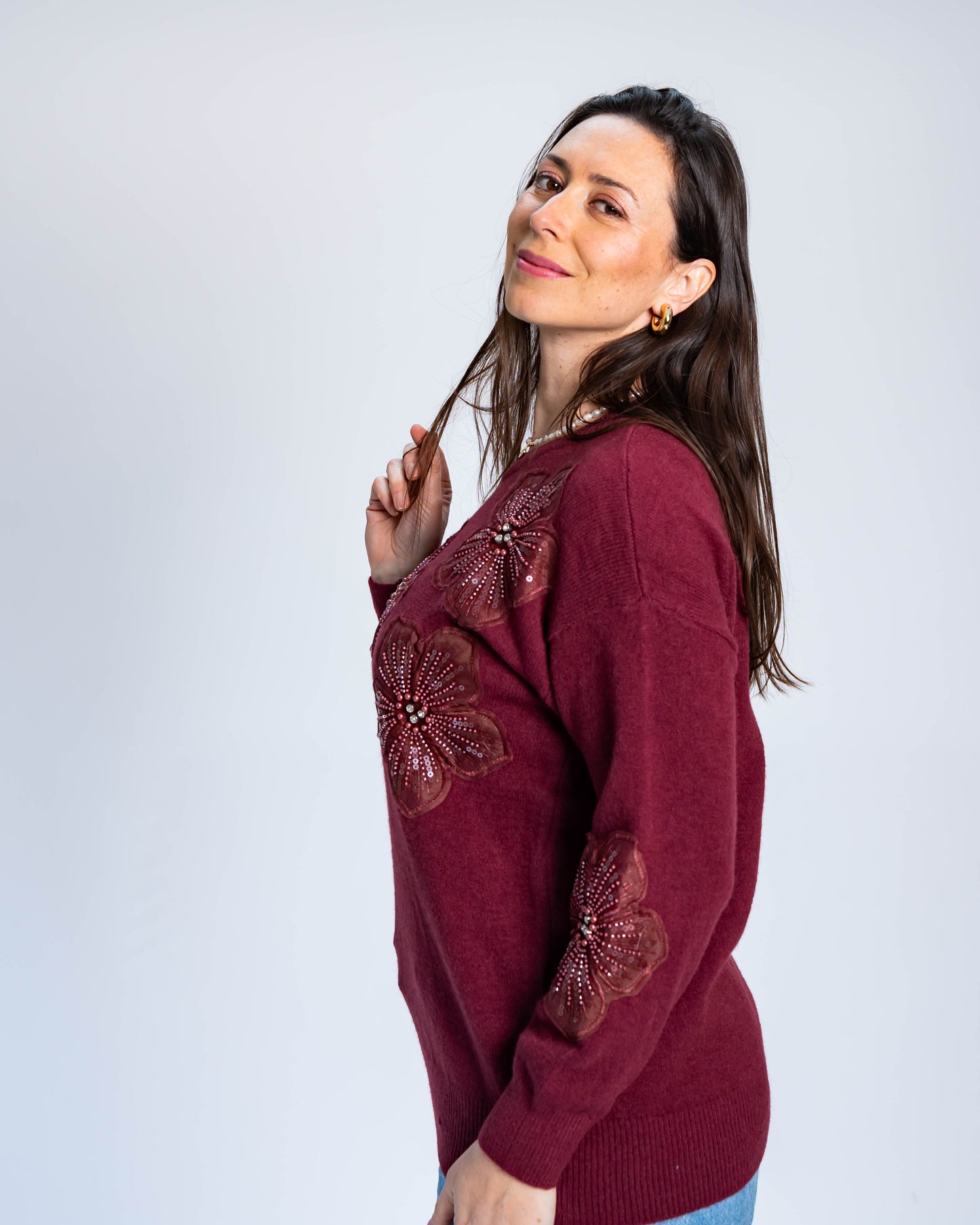 Sweater Flor Mostacilla Burdeo