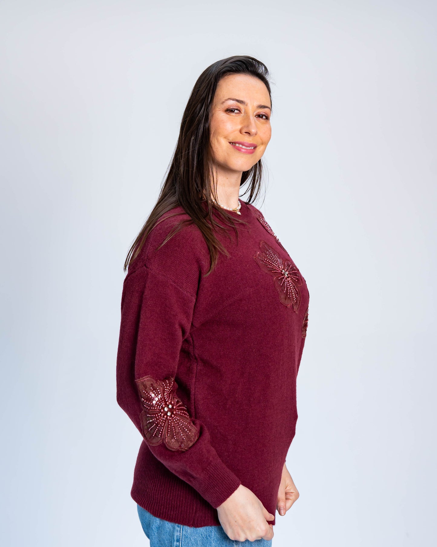 Sweater Flor Mostacilla Burdeo